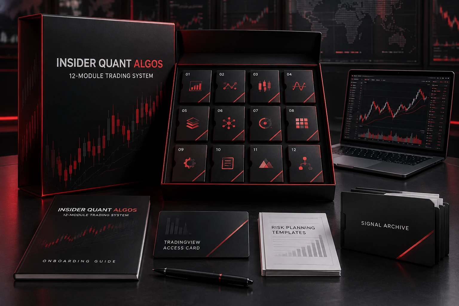 Three-dimensional Insider Quant Algos software package showing twelve modules, onboarding materials, TradingView access instructions, risk templates, and a signal archive